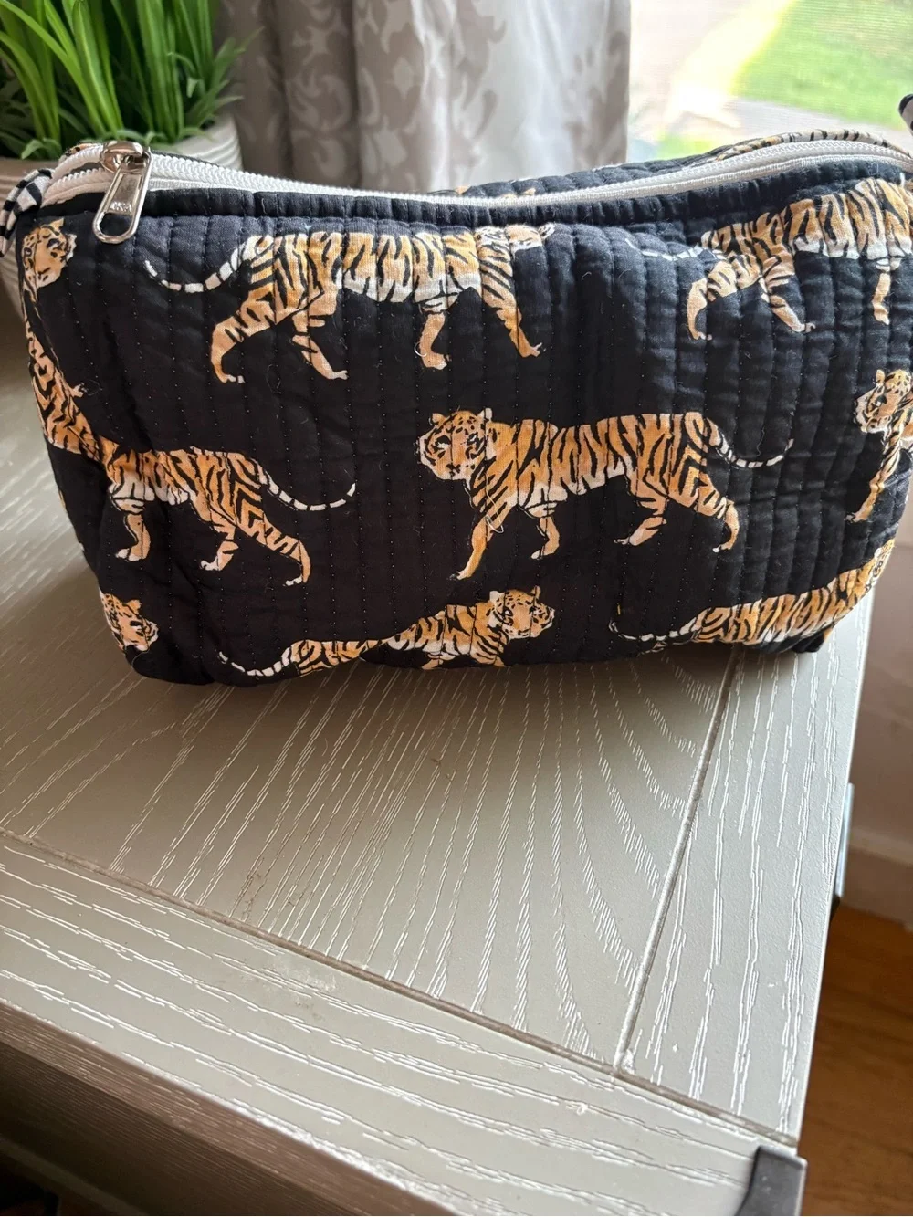 Set of 3 Tiger Print Quilted Cosmetic Pouch Set - Black & Gold